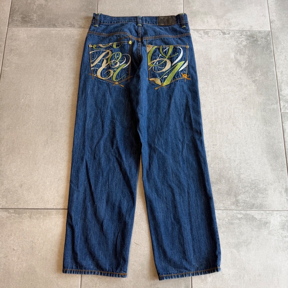 Vintage Rocawear Baggy Embroidered Jeans Y2K Streetwear Wide Leg Blue 32x30